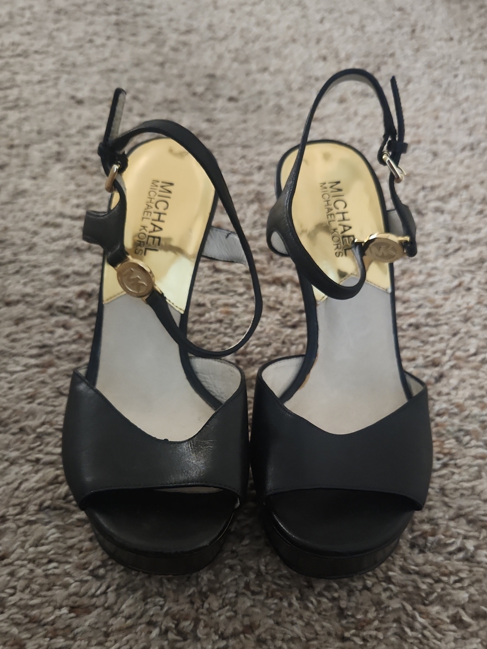 Michael Kors Black Leather Platform Slingback Heels with Gold MK Accent